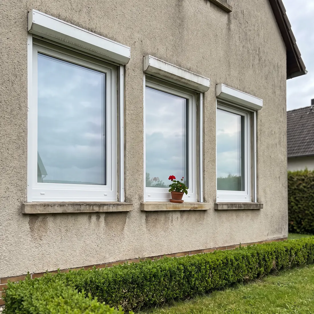 Neu eingebaute weiße Kunststofffenster an einem Einfamilienhaus