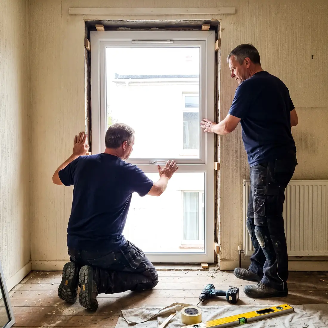 Zwei Monteure der Fensterhaus Ansbach GmbH beim Einbau eines Fensters